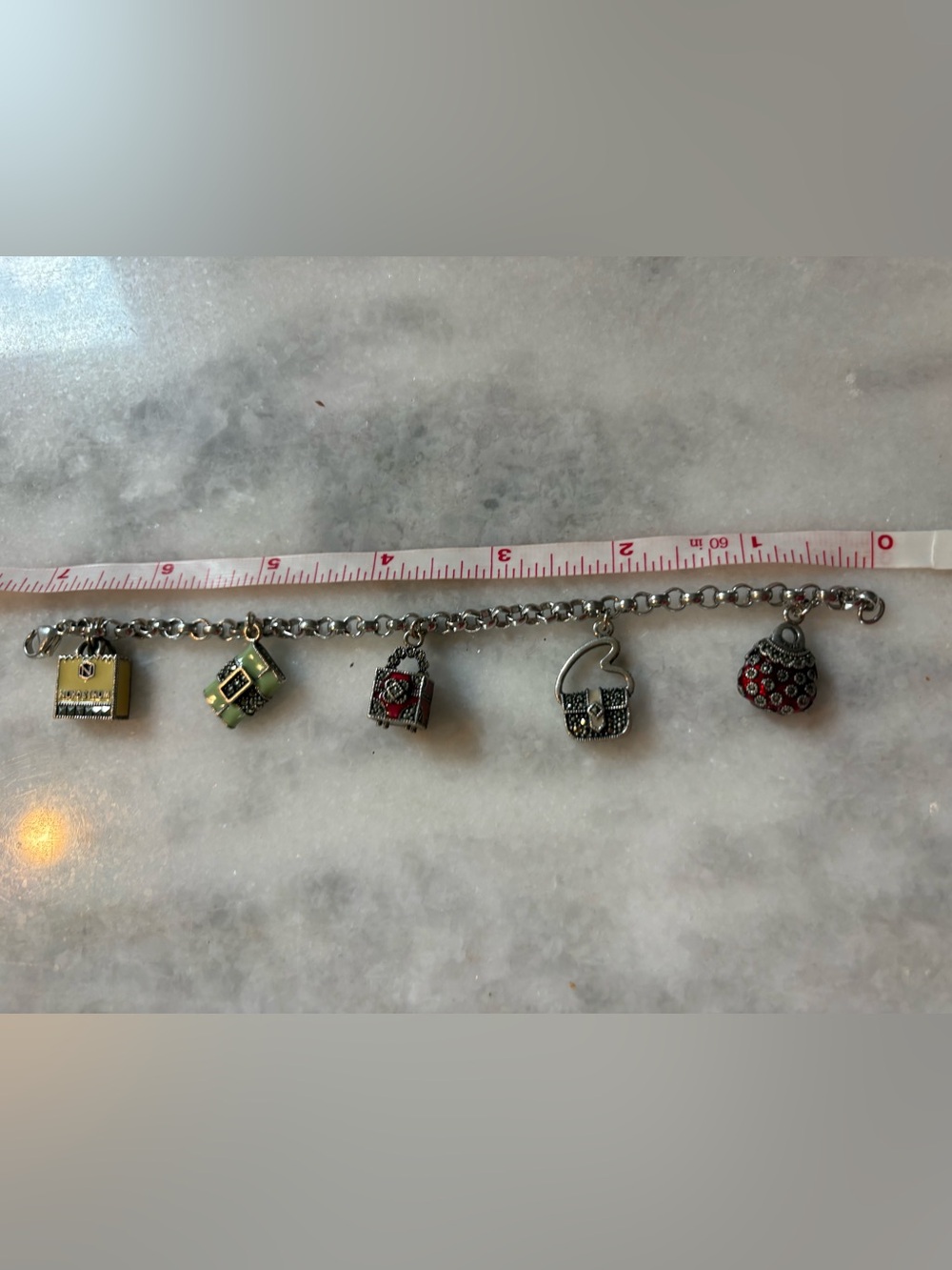 Judith Jack Sterling, Enamel and Marcasite Purse Charm Bracelet.